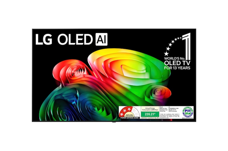 LG B6 OLED 2026 front view with colourful OLED artwork